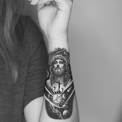 2 Sheets Realistic Animal Temporary Tattoos Stickers Jesus God Cross Space Planet Designs For Men Waterproof Arm Leg Fake Body Art, Gym & Parties Bold Masculine Decals