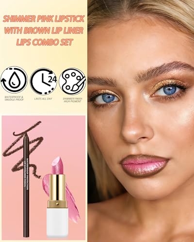 Light Pink Shimmer Lipstick & Brown Liner Combo Set