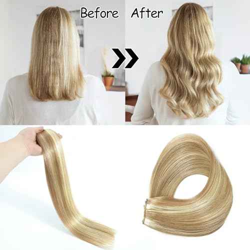 Hair Extensions 16 Inch Hair Extensions Real Human Hair Light Blonde to 613 Blonde Straight Hair Extensions Human Hair Extensions Hidden Wire Hair Extensions Transparent Fish Line Invisible Hairpiece
