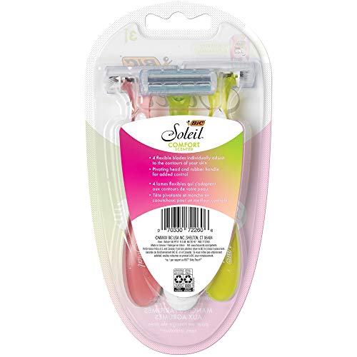 BIC Soleil Comfort Scented Disposable Razors for Women, Sensitive Skin Razor with Aloe Vera and VItamin E Lubricating Strip and 4 Blades, 3 Piece Razor Set