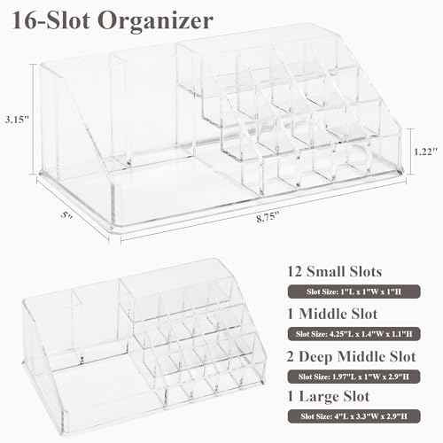 Sea Team 16-Slot Acrylic Plastic Lipstick Organizer, Clear Lipstick Holder, Makeup Storage Box, Cosmetic Display Case for Lippie, Lip Gloss, Eye Liner, Eyebrow Pencil, Nail Polish, Essence, Brush