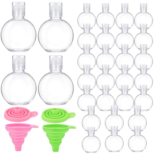 30 Pcs 1 oz Round Sanitizer Bottle Circle Plastic Mini Clear Empty Hand Sanitizer Bottles with Foldable Funnels Portable Reusable Containers for Business Trip Outdoor Camping Shampoo Liquid