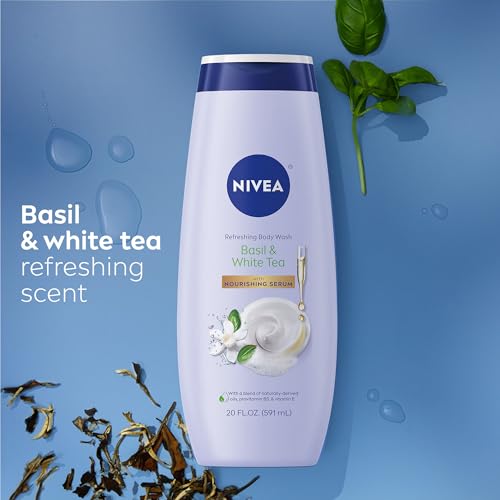 NIVEA Refreshing Basil and White Tea Scented Body Wash (20 Fl Oz) + NIVEA Refreshing White Peach and Jasmine Scented Body Wash (20 Fl Oz) with Nourishing Serum