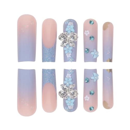 Press on Nails Long Square Fake Nails with 3D Butterfly Rhinestones & Flower Charms Designs Glitter French Tip Nails Press ons Glossy Glue on Nails Blue Gradient Stick on Nails for Women 24Pcs