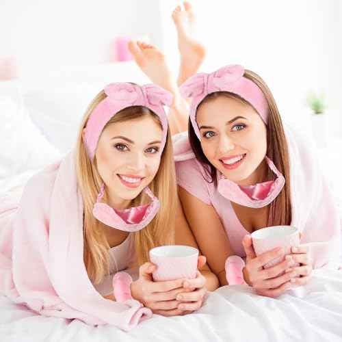 Mimorou 48 Pieces Spa Party Supplies 12 Spa Headband 12 Plush Sleep Eye Mask 12 Velvet Scrunchies 12 Organza Bags for Sleepover Slumber Party Favors Christmas Gift(Pink)