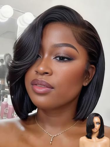 Sunber 8-Inch Layered Bob Wig with Side Swept Bangs - Glueless HD Lace Front