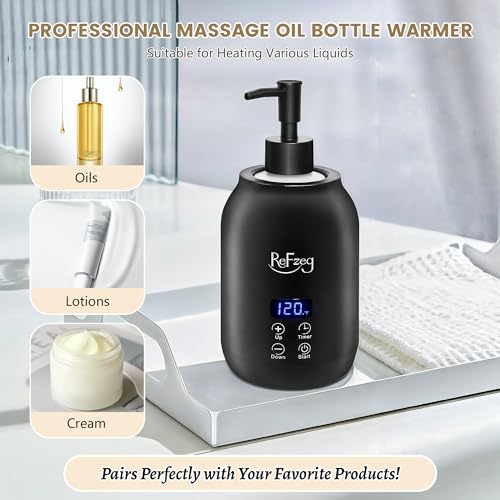 Massage Oil Warmer Bottle Professional Electric Lotion Digital Heater for SPA, Portable Oil Warmer Heated Cream for Beauty Salon Home, with ¡É/¢µ Switchable Display, Two Oil Dispenser Bottle