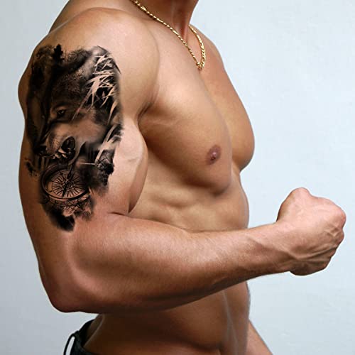 Animal Temporary Tattoos, 15-Sheet Black Tiger Lion Wolf Totem Adult Tattoos Temporary, Fake Tattoos Men