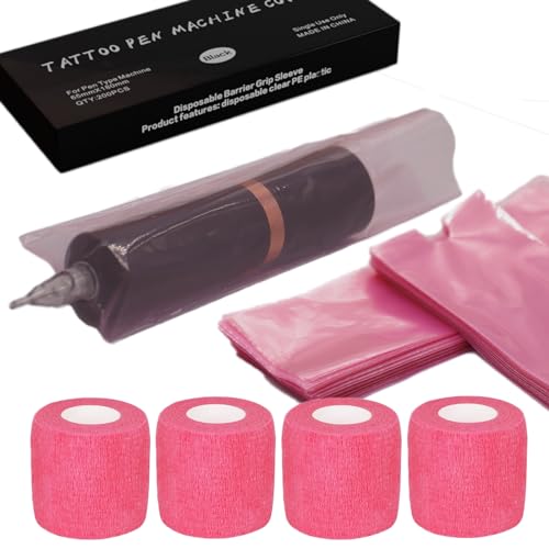 200 Pink Tattoo Pen Covers + 4 Grip Tapes Set