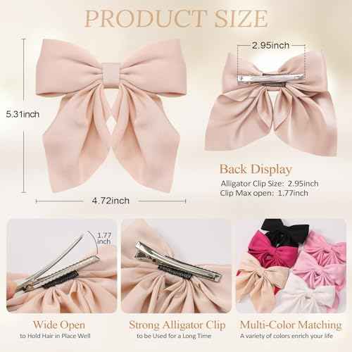 6Pcs Hair Bows for Women, Bow Hair Clips, Silky Satin Hair Bows for Girls, Pink Hair Ribbon, Cute Bow Clips for Women, Hair Accessories Chirstmas Gifts