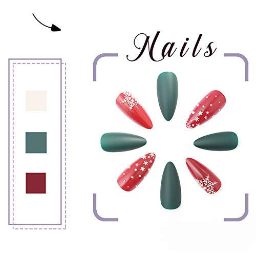 Gangel Red Matte False Nails Xmas Fake Nail Full Cover Christmas Long Fake Nails Snow Deer Acrylic Press on Nails Daily Wear Gifts for Women and Girls 24Pcs (RED GREEN)