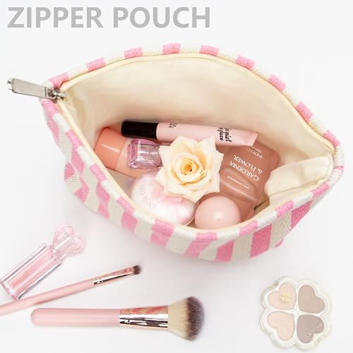 Stripe Pink Flat Makeup Bag for Women, Zipper Cosmetic Pouch for Purse