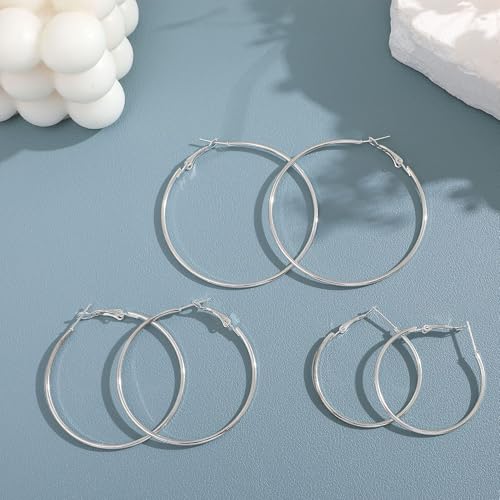 4 Pairs 925 Silver Plated Hoop Earrings For Women, Lightweight Circle Huggie Hypoallergenic Dangle Earrings 30mm/40mm/50mm/60mm Hoop Earrings Set Non Tarnish For Women Daily Life Set (huggie S)