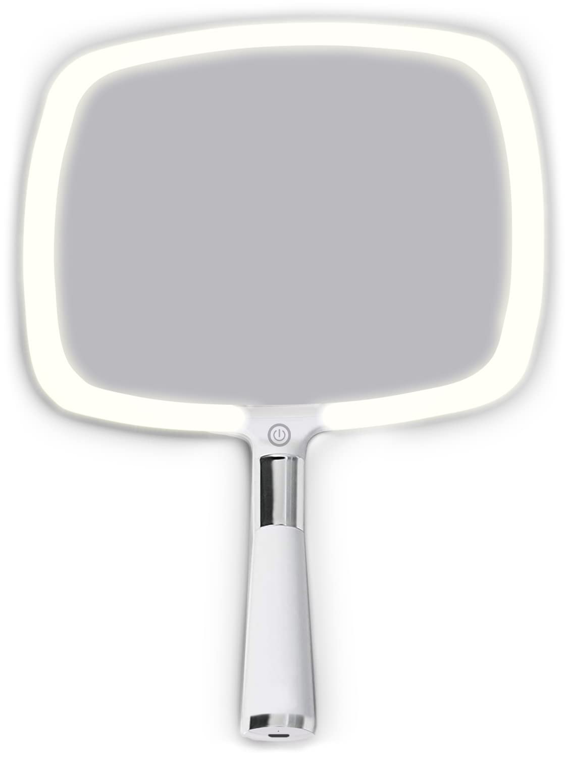 MIRRORVANA Lighted Travel Hand Mirror with Comfy Handle and Detachable Stand - Portable, Thin and Lightweight Design - Rechargeable with 3 LED Light Settings - 9" x 13" (White)