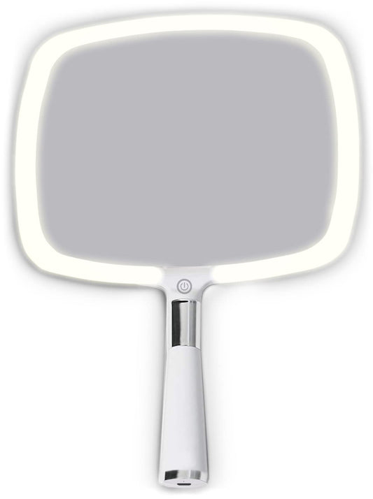 MIRRORVANA Lighted Travel Hand Mirror with Comfy Handle and Detachable Stand - Portable, Thin and Lightweight Design - Rechargeable with 3 LED Light Settings - 9" x 13" (White)