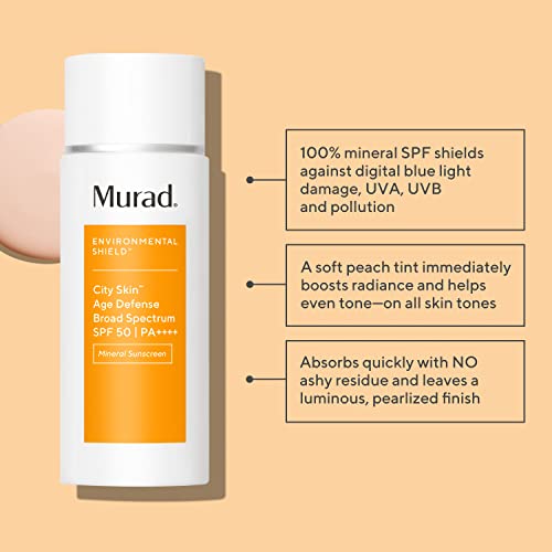 Murad City Skin Age Defense Broad Spectrum SPF 50 - Environmental Shield 100% Mineral Sunscreen - Blue Light Defense - SPF 50 Sunscreen - Light Sunscreen for Face, Travel 0.6 Fl Oz