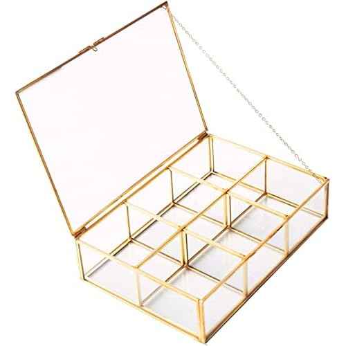 Golden Vintage Glass Box Clear Glass & Brass Metal Storage Jewelry and Cosmetic Makeup Lipstick Holder Organizer Beauty Display, 6 Compartment