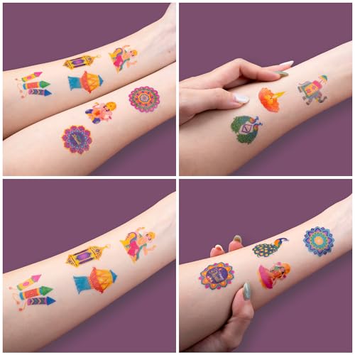 96 PCS Happy Diwali Pre-Cut Temporary Tattoos for Kids | Supper Cute Themed Birthday Party Favors, Supplies, Decorations, Diwali Festival Fake Tattoo Stickers, School Rewards Gifts for Boys & Girls