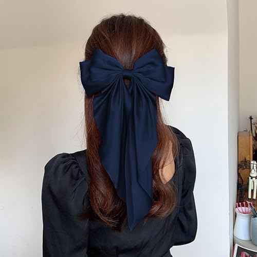 Hair Bows for Women Girls - Silky Satin Bow Hair Clip with Long Tail Ribbons - Elegant Hair Accessories (Navy Blue,1Pcs)