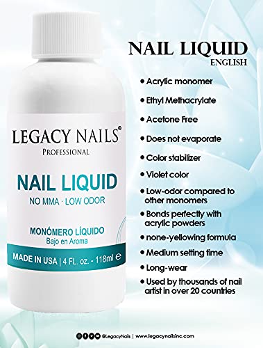 LEGACY NAILS 4 oz Nail Sculpting Liquid Monomer Professional Color Stabilizer Non-Yellow EMA Acrylic Monomer Liquid for Acrylic Powder System Nail Extension Monómero Líquido…