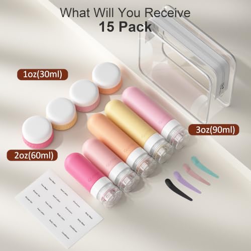Quatish 15 Pack TSA Approved Travel Bottles Set - Leak Proof Silicone Toiletry Containers