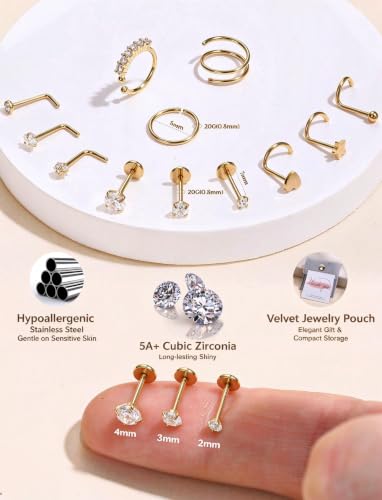JeryWe 14K Gold Plated Nose Ring Set - Hypoallergenic Stainless Steel Hoop with CZ Lip Ring, L-Shaped Stud, Threadless Back