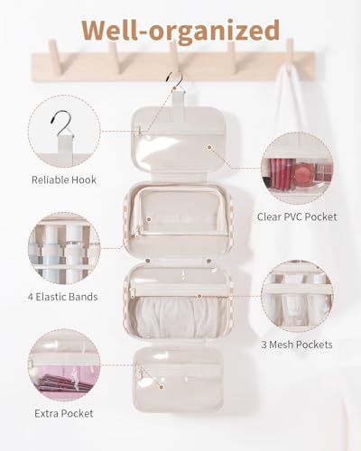Narwey Light Brown Checkerboard Hanging Travel Toiletry Bag for Women, 4-Compartment Organizer