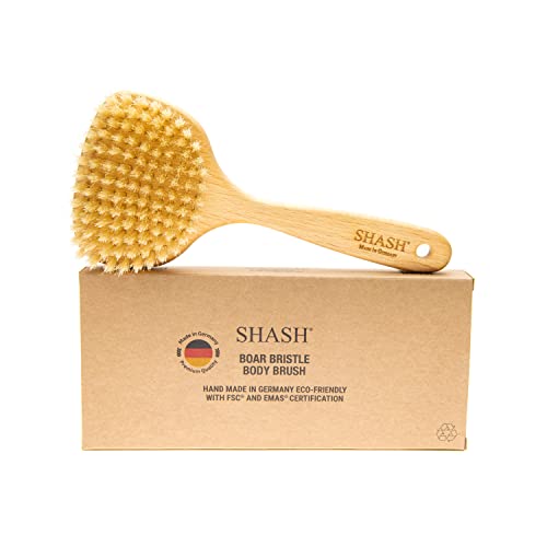 SHASH Since 1869 Hand Made in Germany - Smooth 100% Boar Bristle Body Brush, Gently Exfoliates Skin for a Softer, Smoother Complexion, Dry Brush Body Scrubber Promotes Circulation for a Healthy Glow