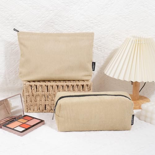MAGEFY Corduroy Makeup Bag Set - 2 Pcs Travel Pouch Beige