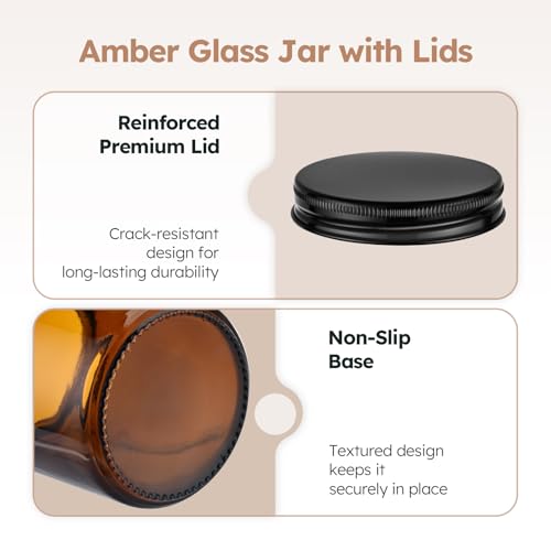 2 oz Amber Glass Jars with Black Lids, 6 Pack