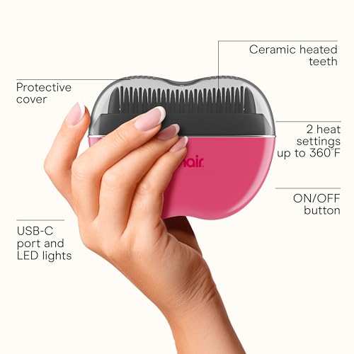 Conair Cordless Heated Brush, Portable Ceramic Ionic Smoothing Brush for Frizz Control & Shine, Rechargeable, 2 Heat Settings, Travel-Friendly Styling Tool with Protective Cover, Hot Pink & Black