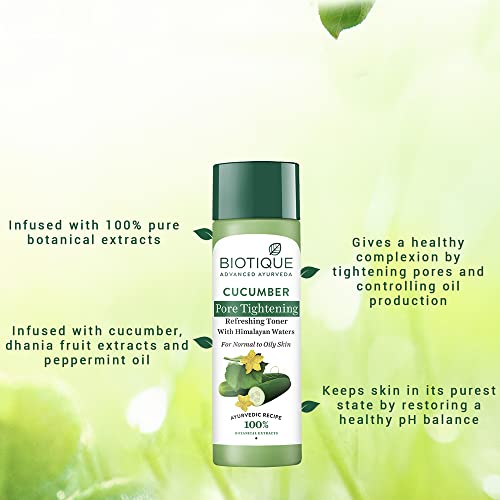 Biotique Bio Cucumber Pore Tightening Toner with Himalayan Waters for Normal to Oily Skin -120 ML/ 4.06Fl.Oz. I Help from Harmful Effects of Sun I Berberis aristata, Cucumis sativus