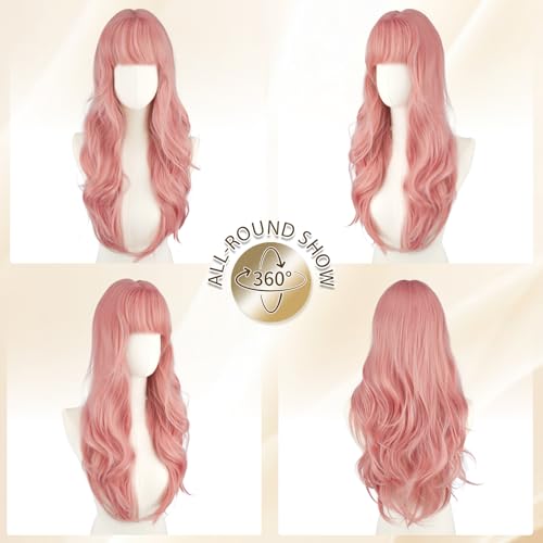 Pink Wavy Wig with Bangs - 26 Inch Heat Resistant Synthetic Hair