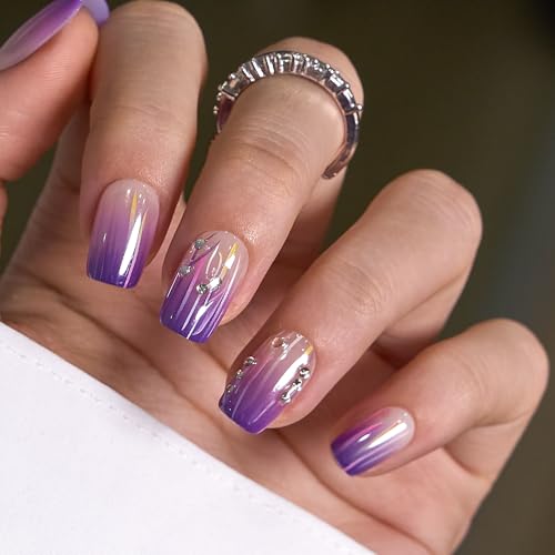 CurvLife Medium Square Soft Gel Press On Nails - Purple Chrome Lines Kit