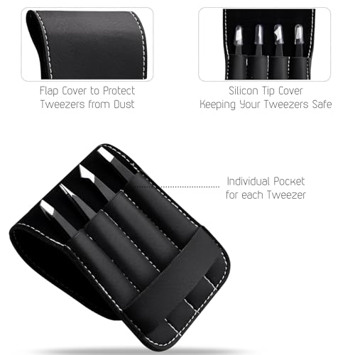 4-Piece Tweezers Set, High Precision Stainless Steel Eyebrow Tweezers for Facial Hair, Inward Growing Hair and Splinter Remover Kit, Suitable for Women and Men with Leather Travel Case