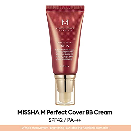 MISSHA M PERFECT COVER BB CREAM #27 SPF 42 PA+++ 50ml-Lightweight, Multi-Function, High Coverage Makeup to help infuse moisture for firmer-looking skin with reduction in appearance of fine lines