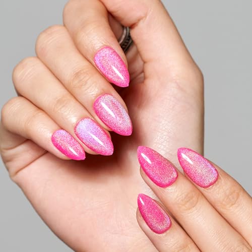 GLAMERMAID Press on Nails Short Almond, Handmade Summer Rainbow Hot Pink Cat Eyes Gel Nails Polish Glue on Nails, Glossy Reusable UV Finish Fake Nails Acrylic False Nails Manicure Kits for Women Gift