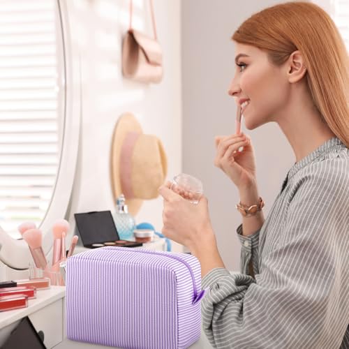 Sanwuta Large Seersucker Makeup Bag Set - 6 Cute Travel Organizers