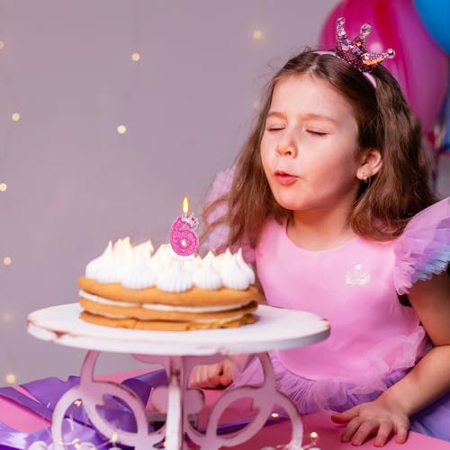 Hot Pink Number 6 Birthday Candle with Glitter Crown - 3" Tall
