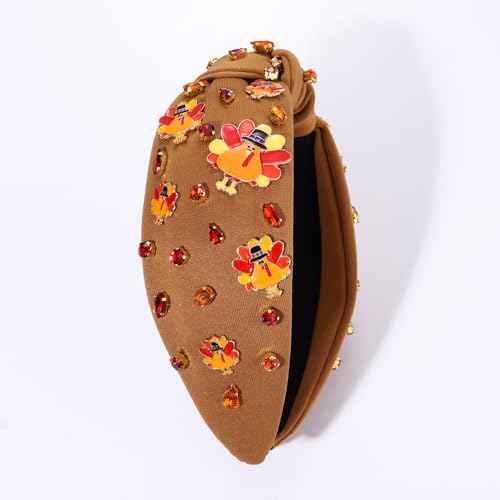 Thanksgiving Headband Fall Pearl Rhinestone Jeweled Knotted Headband Accessories Pumpkin Leaf Print Wide Knot Hairband Thanksgiving Turkey Holiday Headband Hair Accessories Gifts