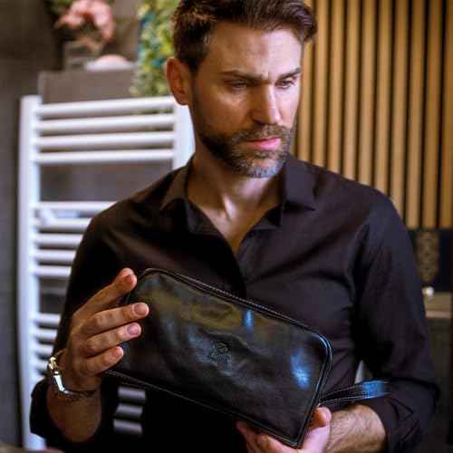 Time Resistance Leather Cosmetic Bag Toiletry Italian Classy Dopp Kit