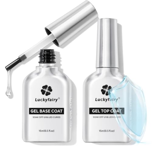 Luckyfairy No Wipe Gel Top Coat & Rubber Base Coat Set 15ml - Long Lasting Nail Polish