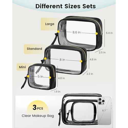 Vorspack Travel Makeup Bag - 3 Pack Travel Toiletry Bag for Women Clear Cosmetic Bag Makeup Organizer Zipper Pouch for Travel Essentials Storage - Black