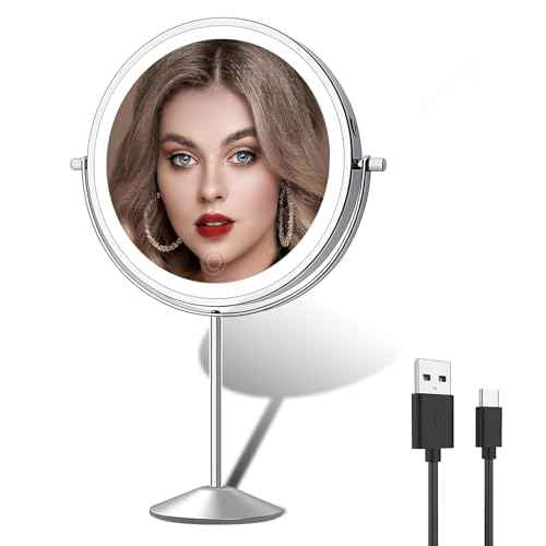 Makeup Mirror with Light, 1X 10X Magnifying Mirror with Lights, 8 inch Rechargeable Lighted Vanity Mirror, Double Sided 360¡Æ Rotation, 3 Colors and Brightness Adjustable Cosmetic Light up Mirror