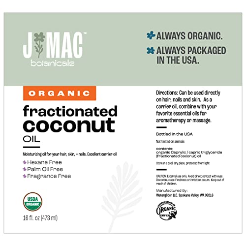 J MAC BOTANICALS, Organic Fractionated Coconut Oil (16 Oz.) Carrier oil for diluting essential oils, leave in conditioner for dry damaged hair, skin, massage