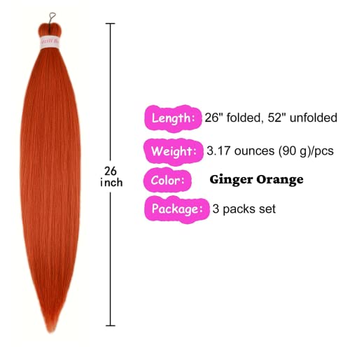 Gozill Ginger Orange Braiding Hair Pre Stretched Kanekalon Braiding Hair Extension 26 Inch Colored Synthetic Fake Hair for Braiding