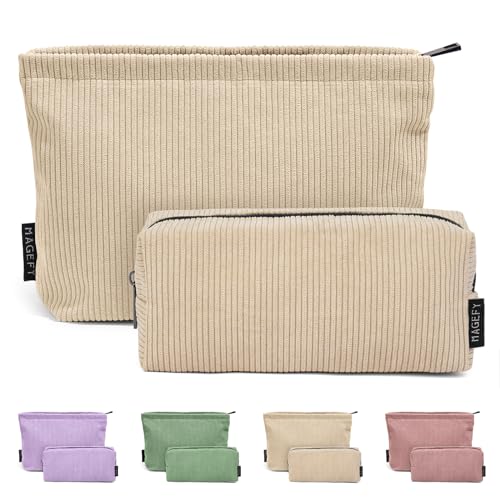 MAGEFY Corduroy Makeup Bag Set - 2 Pcs Travel Pouch Beige