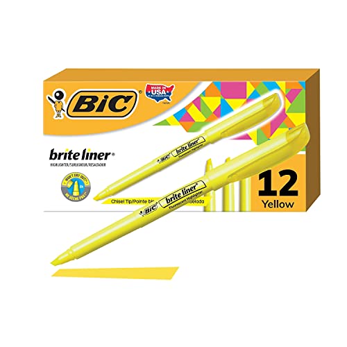 BIC Brite Liner Highlighters, Chisel Tip, 12-Count Pack of Yellow Highlighters, Ideal Highlighter Set for Organizing and Coloring