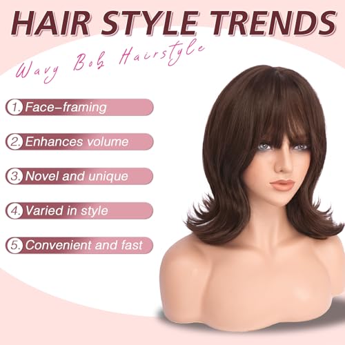 Haloo Reddish Brown Short Wavy Bob Wig with Bangs - 14 Inch Synthetic Hair for Women