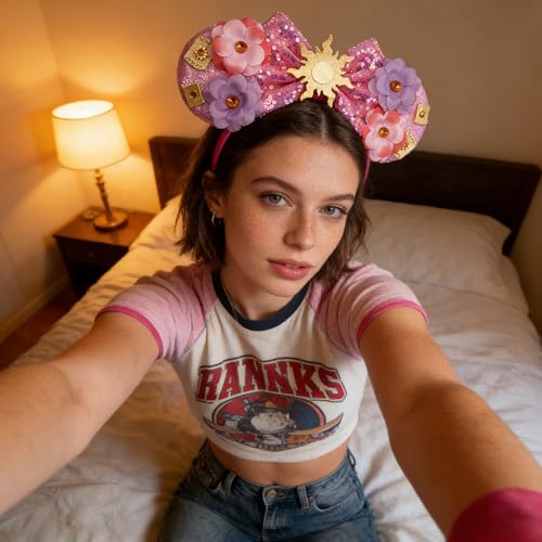 bianbaistar Pink Sun Flower Mouse Ears Headband with Sequin Bow – Stretchy Adult Headband